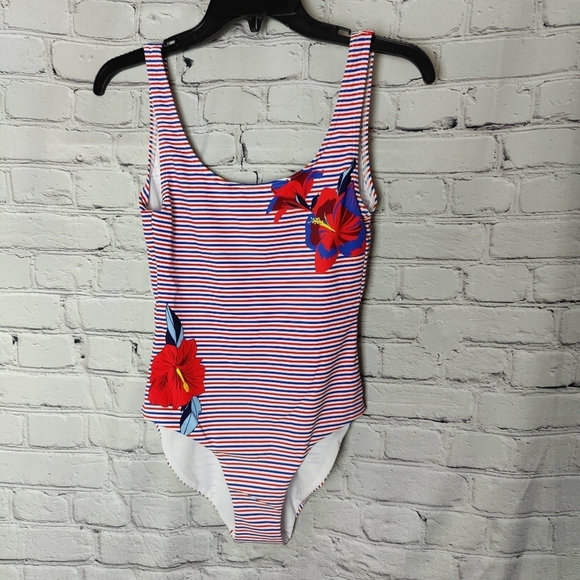 Onia Kelly One Piece Hibiscus Illusion Swimsuit Large Red White Blue NWT $195 - Picture 3 of 11